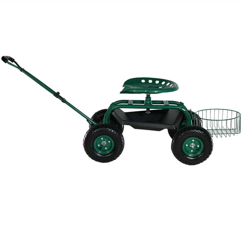 Sunnydaze Decor Green Steel Rolling Garden Cart with Steering Handle, Seat and Tray 7 Sunnydaze Decor Green Steel Rolling Garden Cart with Steering Handle, Seat and Tray - Image 7