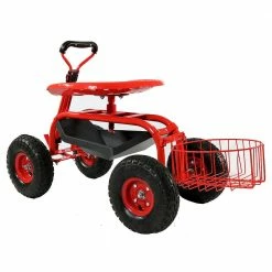 Sunnydaze Decor Red Steel Rolling Garden Cart with Steering Handle, Seat and Tray -Sunnydaze Decor Sales sunnydaze decor planter caddies qh rcp035 rd 1f 1000