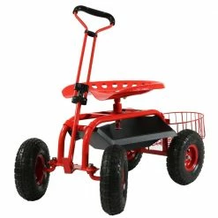 Sunnydaze Decor Red Steel Rolling Garden Cart with Steering Handle, Seat and Tray
