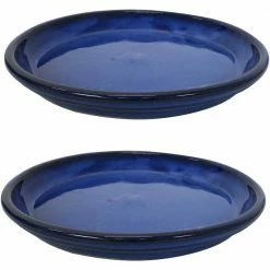 Sunnydaze Decor 14.25 in. Imperial Blue Ceramic Planter Saucer (Set of 2)