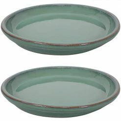 Sunnydaze Decor 14.25 in. Seafoam Ceramic Planter Saucer (Set of 2)