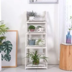 Dyiom 45 in. White Foldable Ladder Shelf Patio Rustic Wood Plant Stand with Shelves 4 Tier for Outdoor -Sunnydaze Decor Sales white dyiom plant stands b0832qtnmj 44 1000