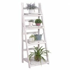 Dyiom 45 in. White Foldable Ladder Shelf Patio Rustic Wood Plant Stand with Shelves 4 Tier for Outdoor